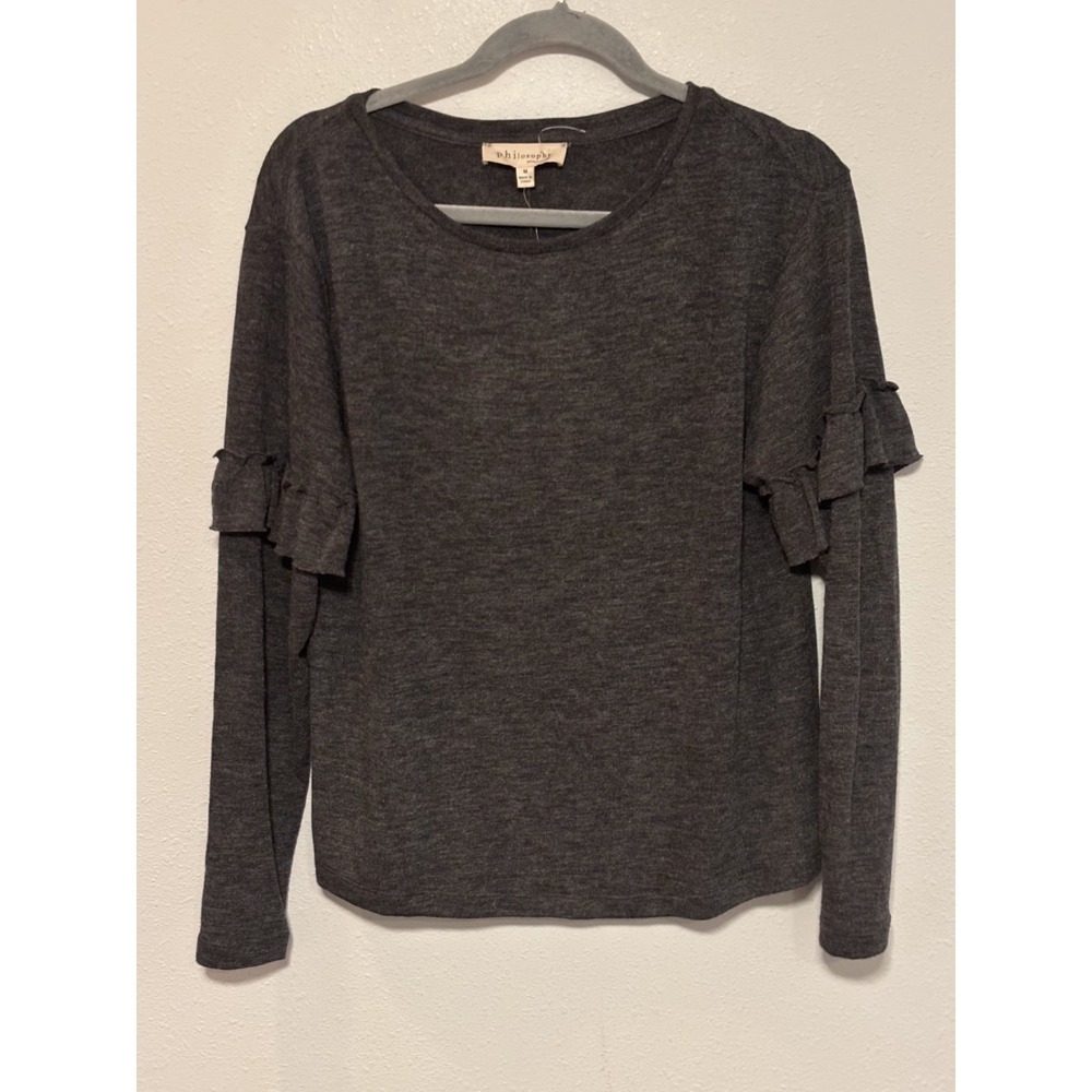 NWT Philosophy Pullover Sweater Women's Medium Charcoal Heather Ruffle Sleeve - Picture 2 of 8